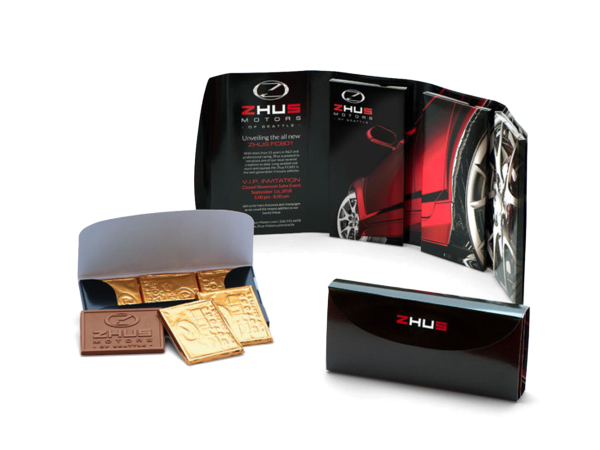 Nine-bar Storyteller with custom printed presentation and engraved chocolate bars