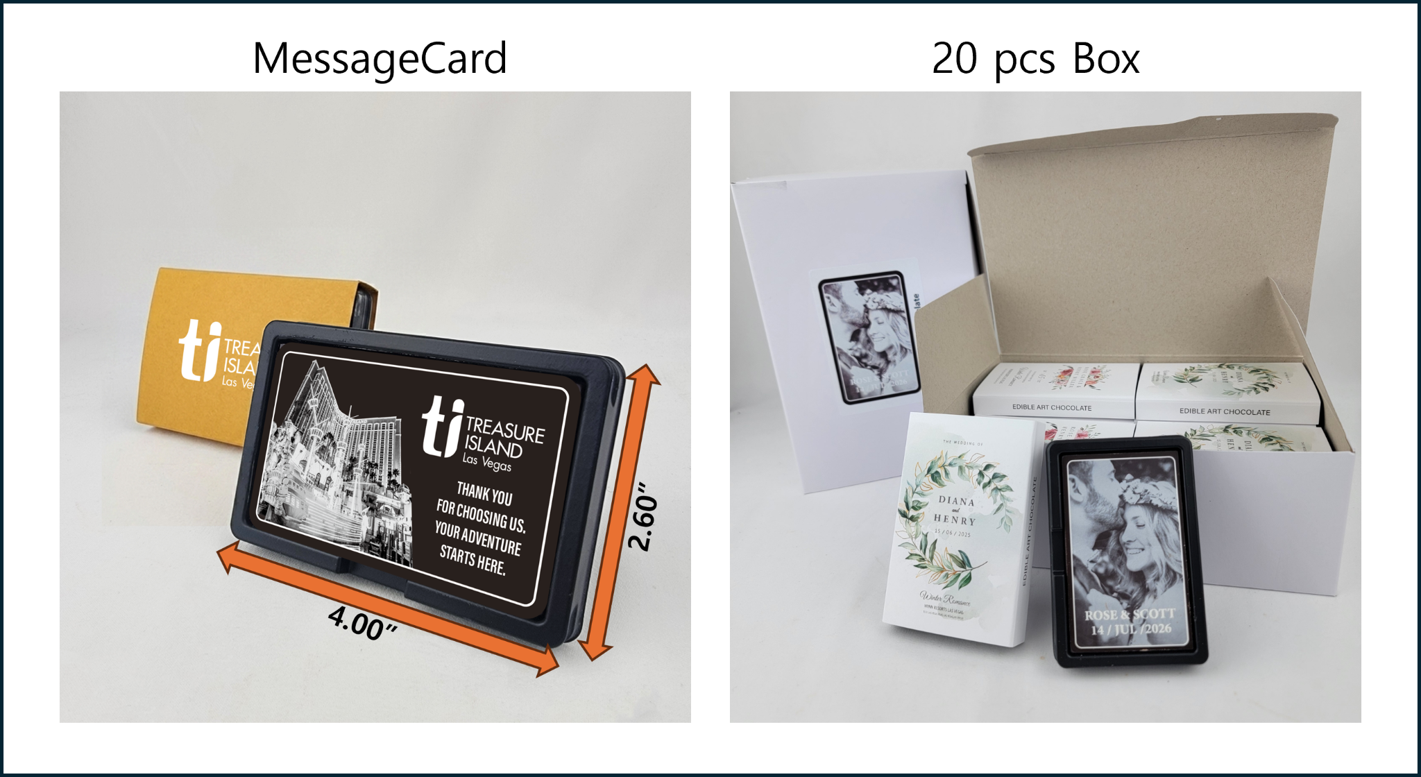 Custom chocolate MessageCard dimensions and presentation box